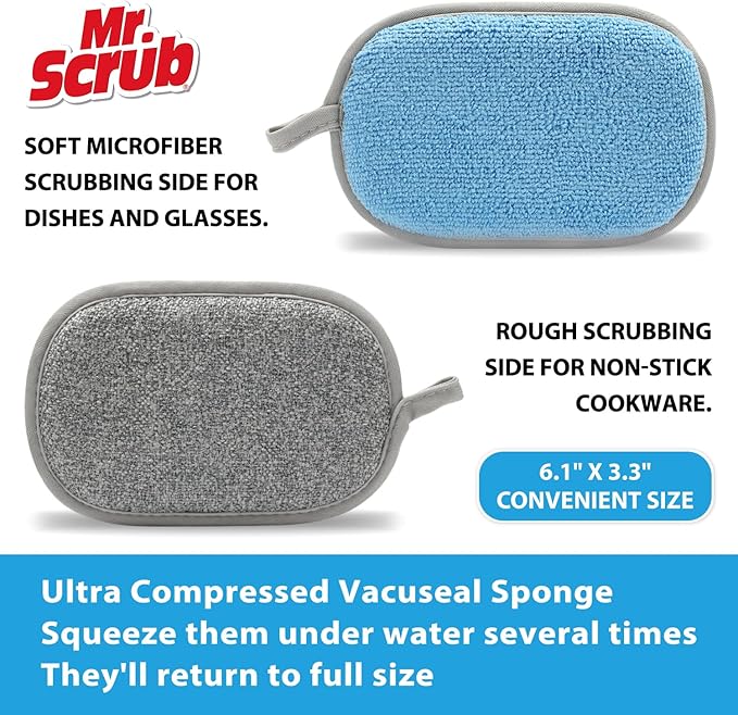 Sponges Kitchen Dish Sponge for Washing Dishes Cleaning Kitchen, All-Purpose, 6 Pack, Non Scratch, Rough Scrubbers Side for Non-Stick Cookware, Soft Microfiber Scrub Side for Dishes, Mr. Scrub