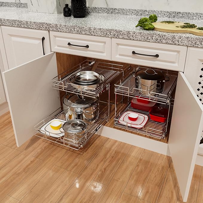 ROOMTEC Individual Pull Out Cabinet Organizer (11½" W x 21½" D), 2 Tier Spice Rack Organizer for Cabinet, Slide Out Drawer Pantry Shelf Organization and Storage for Kitchen Bathroom