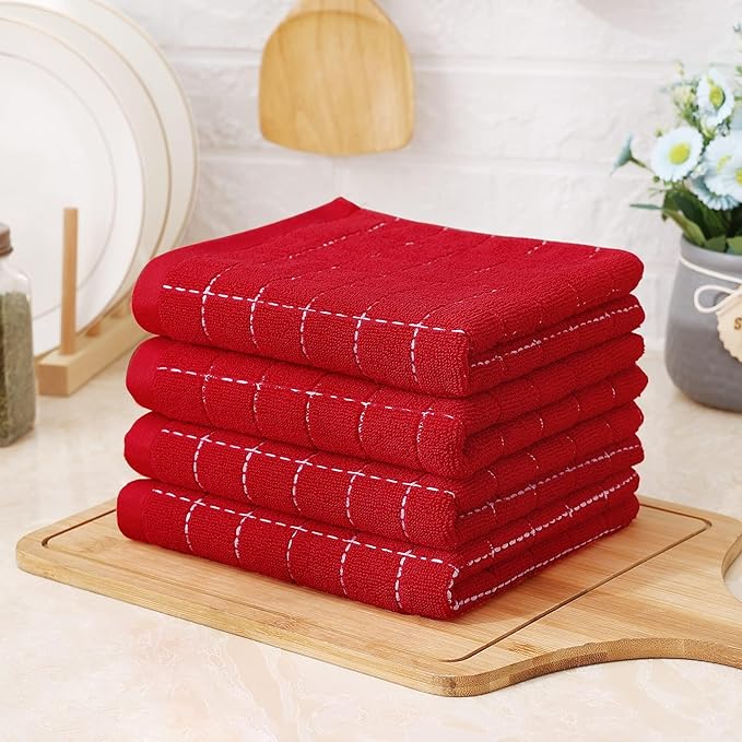 Homaxy 100% Cotton Terry Kitchen Towels(Red, 13 x 28 inches), Checkered Designed, Soft and Super Absorbent Dish Towels, 8 Pack