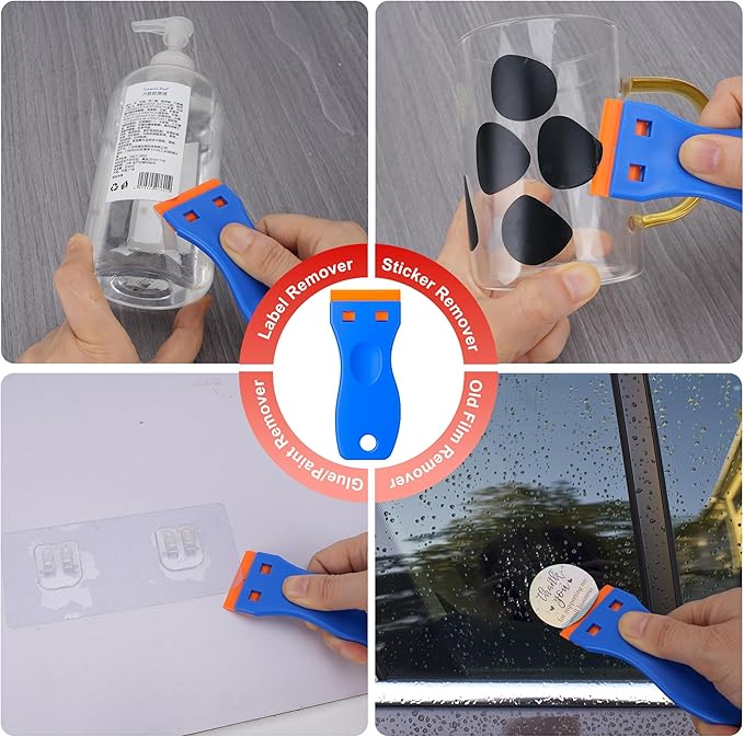 Upgraded Razor Blade Scraper with 2 Pcs Plastic Scraper, Scraper Tool for Cooktop, Oven, Stove, Labels Decal, Plastic Razor Blades for Cleaning Glass Window, Razor Scraper Buit-In Blade torage, Gray