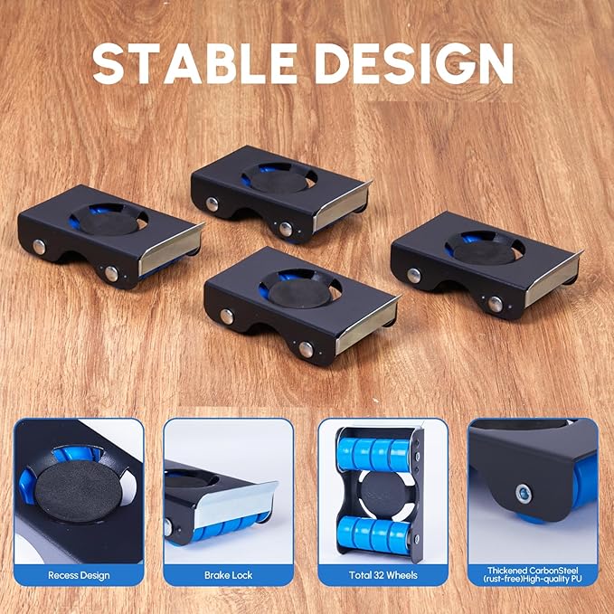 Furniture Sliders, Furniture Movers with Wheels 700LBS- 4 Metal Slider with Anti-Slip Pad（4 Brakes Each for Easy Moving, Heavy Duty Appliance Roller Dolly for Couches, Sofas +More.