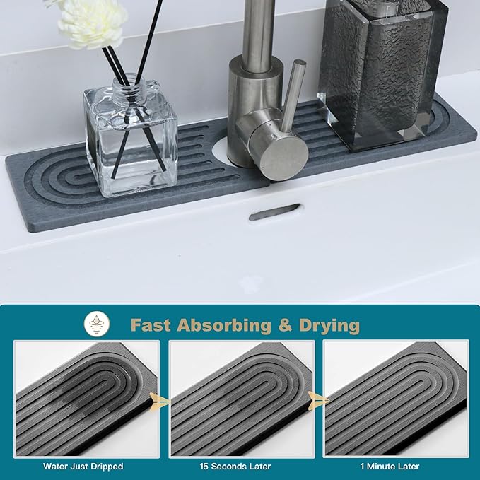 Stone Drying Mat for Kitchen Counter, Faucet Mat for Kitchen Sink, Diatomite Quick Drying Tray, Faucet Splash Guard for Bathroom Counter, Kitchen Drying Mat (DARK GREY, 23.6 * 4")