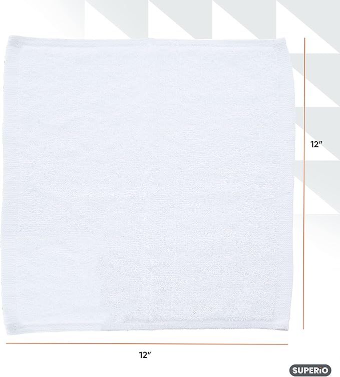 Superio Terry Cloth Rags White Washcloths 100% Cotton 12" Cleaning Cloths, Kitchen Towels, Facial Washcloth, Spa Cloths, Hand Towel, Small Lint Free Rags for Multi-Purposes (6 Pack)