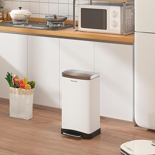 30L/8 Gallon Stainless Steel Garbage Bin with Soft-Close Lid,Step Trash Can with Removable Plastic Inner Bucket, Fingerprint-Proof(White)