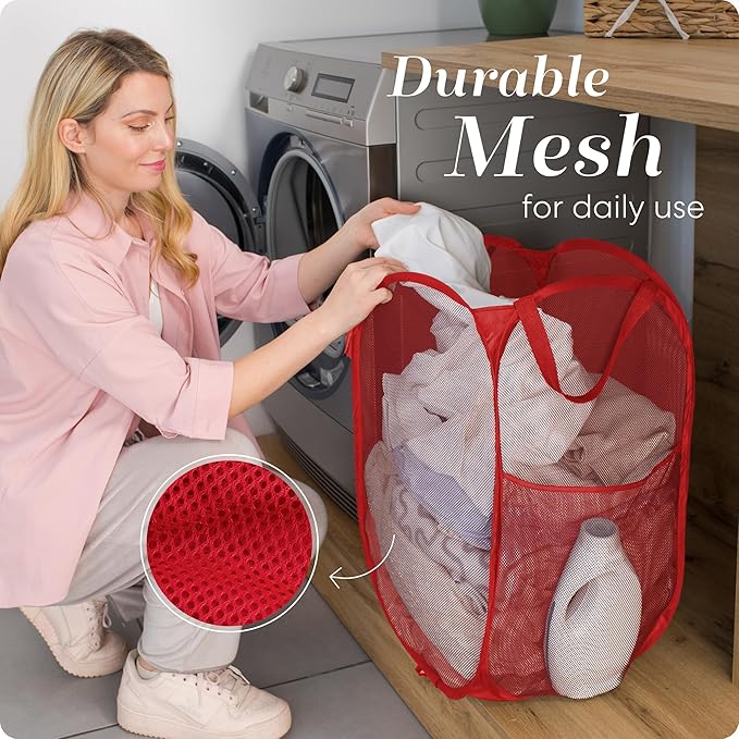 Handy Laundry Collapsible Mesh Pop Up Hamper with Wide Opening and Side Pocket - Breathable, Sturdy, Foldable, and Space-Saving Design for Clothes and Storage (Red)