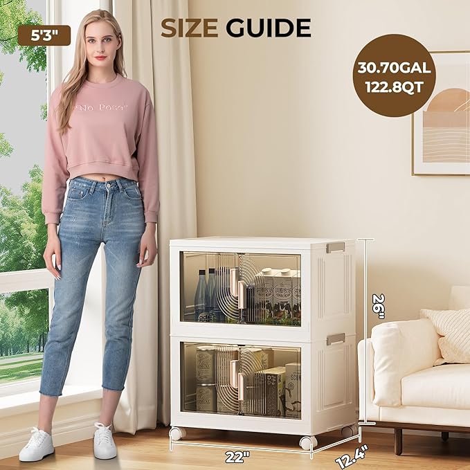 Elegant 2 Tiers Stackable Storage Bins for Home Organization, Moveable Plastic Storage Bins with Lids, Easy Assembled Storage Box for Closet Organizers and Storage Dorm 22" W x 12.4" D x 26" H