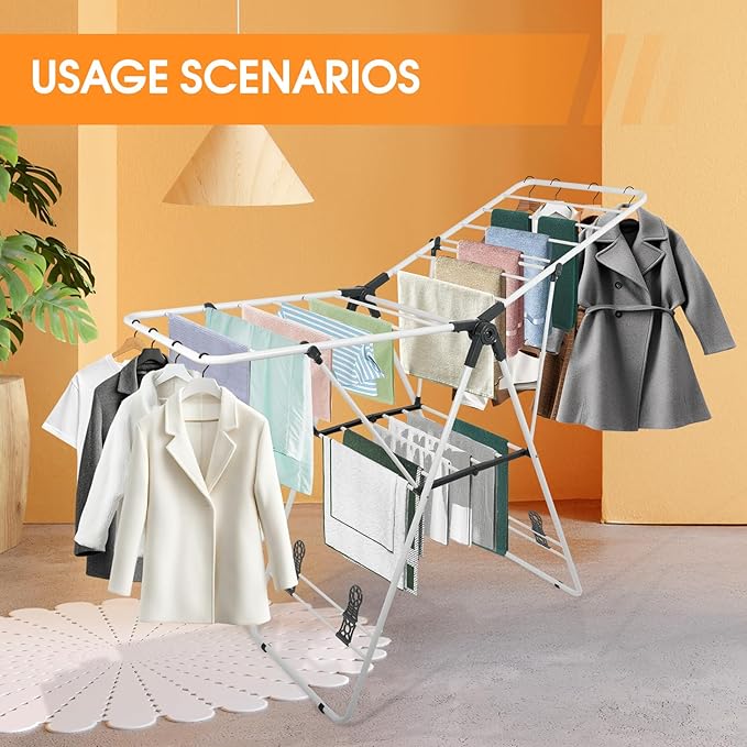 Clothes Drying Rack Foldable, Metal Laundry Drying Rack, with Height-Adjustable Wings, Space Saving, Indoor Outdoor Use, White Free-Standing Airer
