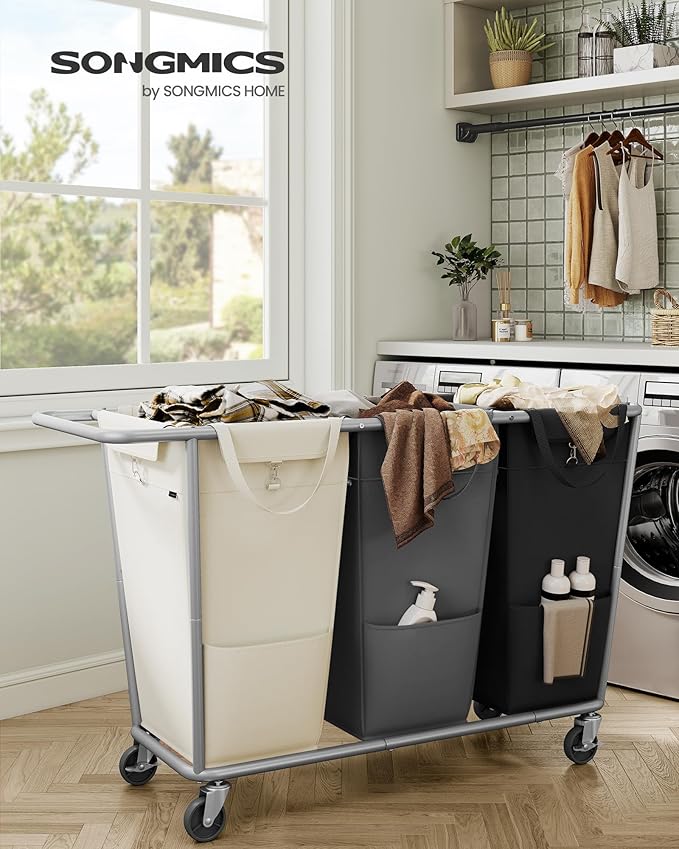 SONGMICS Laundry Basket with Wheels, 76.6 Gallons (290 L), 3-Section Rolling Laundry Hamper with Removable Bags, Heavy-Duty Steel Frame with Handle, Cream White, Dark Gray and Ink Black URLS010X01