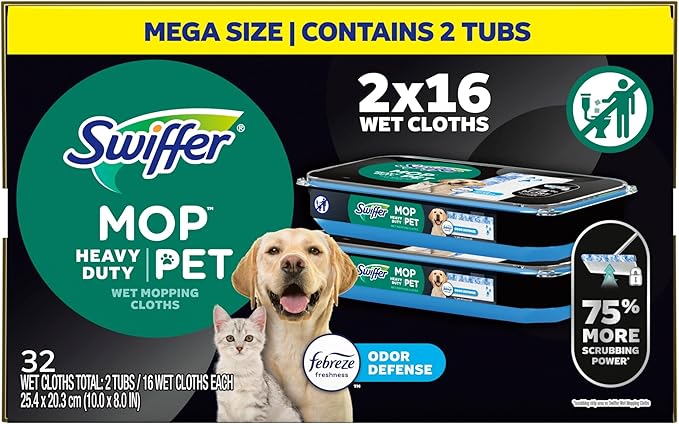 Swiffer Sweeper Pet Heavy Duty Multi-Surface Wet Cloth Refills for Floor Mopping and Cleaning, Fresh scent, 16 count, Pack of 2