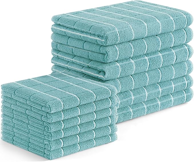 Homaxy Microfiber Kitchen Towels and Dishcloths Set, 12 Pack Soft and Absorbent Dish Hand Towels Bulk, 28 x 16 Inch & 12 x 12 Inch Quick Drying Rags for Washing Dishes, Lake Blue