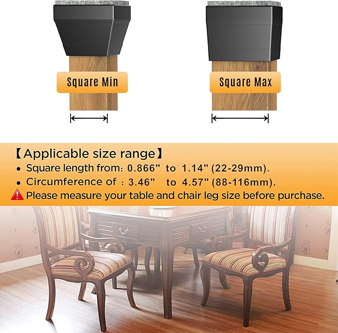 Square Chair Leg Protectors for Hardwood Floors,16 Pcs Silicone Felt Furniture Legs Caps to Prevent Floor from Scratches and Reduce Noise, Easy to Move, (Black, Fit: 0.866-1.14").