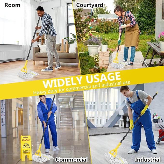 Beyoco Heavy Duty Commercial Industrial Cotton Mop with Long Handle,Looped-End String Wet Mops with Replacement Mop Head for Home,Garage,Office, Workshop, Warehouse Floor Cleaning