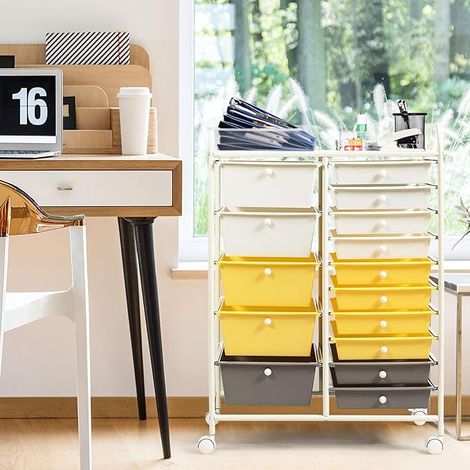 GOFLAME 15-Drawer Rolling Storage Cart, Multipurpose Movable Organizer, Utility Cart for Home, Office, School, Yellow