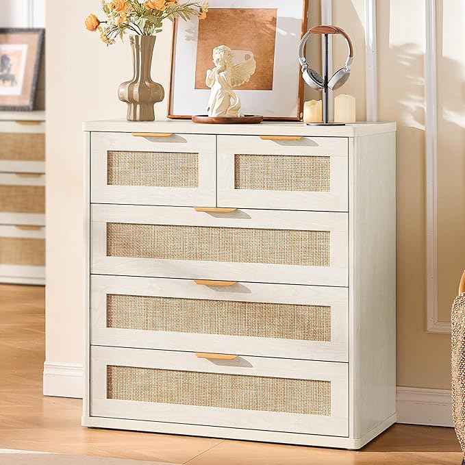 LEYAOYAO White Dresser for Bedroom, 33.5" Tall Chest of Drawers, Modern 5 Drawers Boho Rattan Dressers with Storage, Dresser Wooden Closet Organizer for Living Room, Hallway
