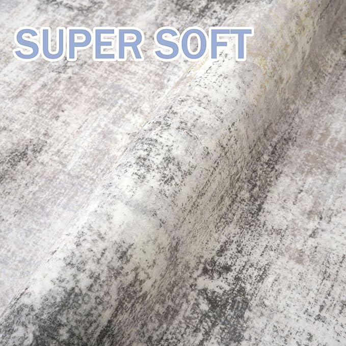 IOHOUZE Abstract Runner Rug 3x14 Ft Washable Runners for Hallways, Non Slip Kitchen Runner Printed Faux Wool Entryway Runner Indoor, Modern Abstract Floor Carpet for Hall Stair, Grey Beige