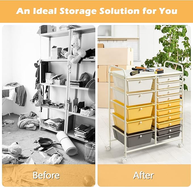GOFLAME 15-Drawer Rolling Storage Cart, Multipurpose Movable Organizer, Utility Cart for Home, Office, School, Yellow
