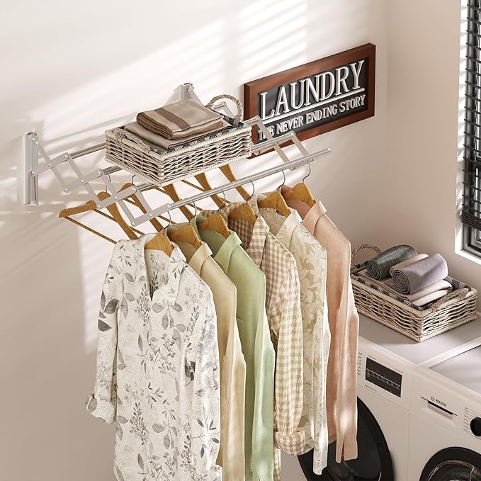 X-cosrack Wall Mounted Clothes Drying Rack, Wide Large Rustproof Retractable Laundry Drying Rack, 8 Bar Space-Saving Aluminium Alloys Clothing Hanger Drying Racks forLaundry