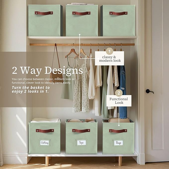 DECOMOMO Storage Bins, Cube Storage Bin with Labels, Fabric Storage Cubes for Shelves (10.5" x 11" / 6pcs, Sage Green)