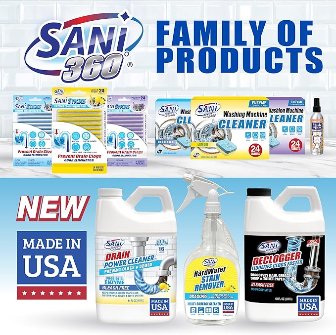SANI 360° Drain Power Cleaner, Enzyme Gel Formula, Deodorizer, Stops Clogs, Odor, Grease, Soap Scum, Save Money on Plumbing, Safe for Pipes and Septic, Made in the USA, 16 Uses, Lemon Scent