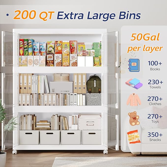 1000Qt Stackable Storage Bins with Lid and Wheel, 250Gal Plastic Closet Organizer and Storage Drawer, Large Collapsible Storages Box Cabinet with Clear Door for Home Kitchen, 5Pack White