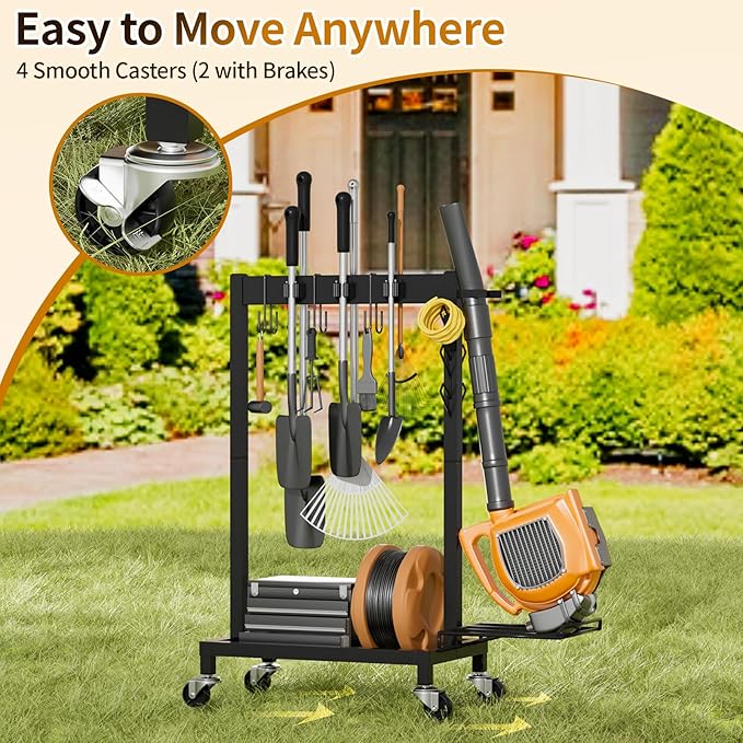 Cleaning Supplies Organizer with Broom Holder Load 160 LBS Cleaning Cart with Wheels Broom Closet Storage with 6 Mop Hanger Grippers, 3 Double-Hooks, Vacuum Stand for Laundry Garage Organization