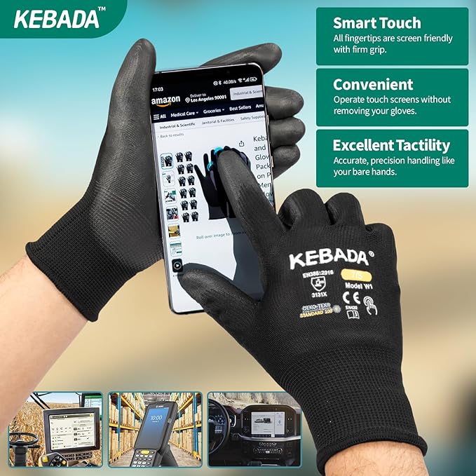 Kebada Safety Work Gloves,120 Pairs Bulk Pack, Touchscreen, PU Coated, Ideal for Warehouse, Construction, Gardening and Mechanics, Black, X-Large