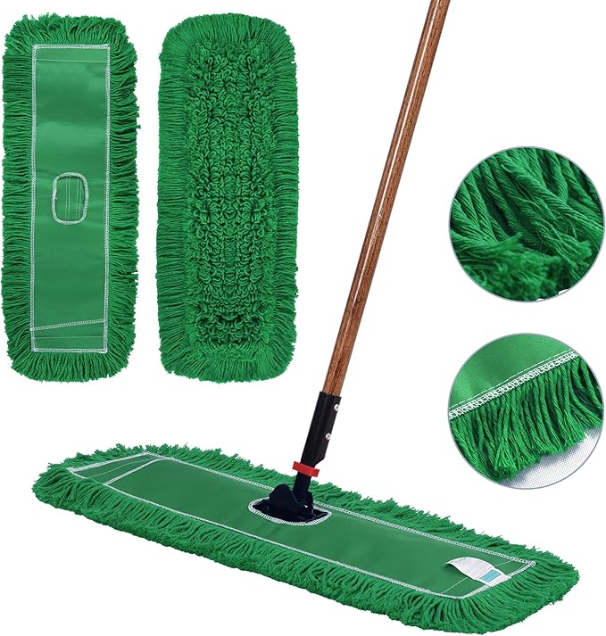Matthew Cleaning 24'' Industrial Strength Cotton Dust Mop Refill Washable Replacement Heads for Residential & Commercial Use Fit Standard Dust Mop Frames, Hardwood,Concrete Floors Green Pack of 6