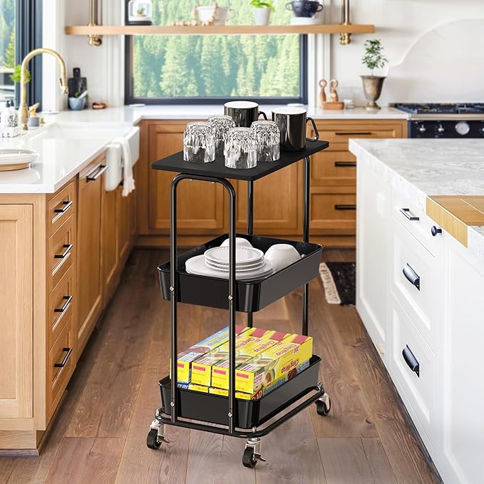 Simple Houseware 2-Tier Rolling Utility Cart with Lockable Wheels and Wood Top, Metal Storage Organizer Trolley for Kitchen, Bathroom, Office, Craft Room, Black