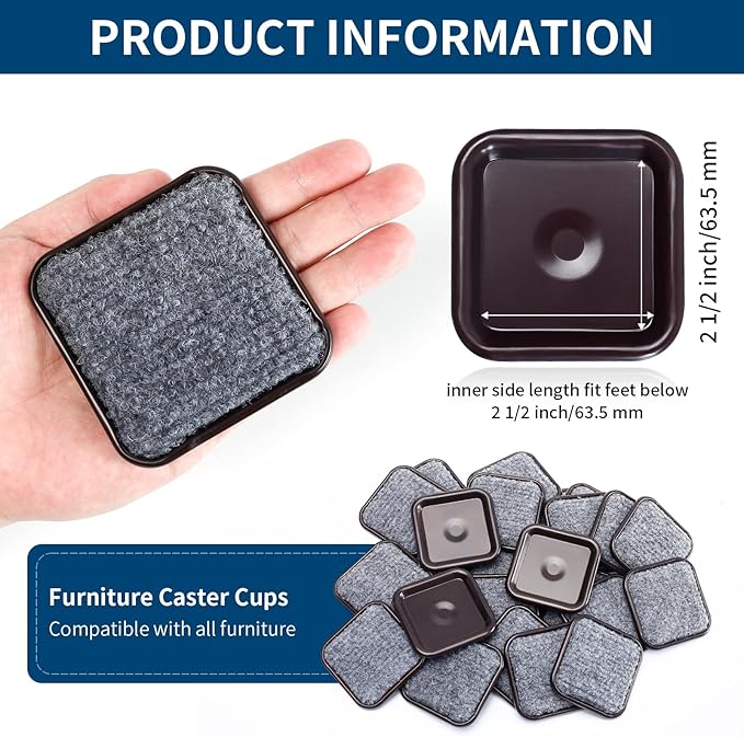 Ezprotekt 2 1/2" Square Reusable Felt Furniture Caster Cups with Carpet Bottom, 16 Pcs Felt Furniture Sliders Floor Protectors Pads to Protect Hardwood, Tile or Floors from Scratches (Brown/Gray)
