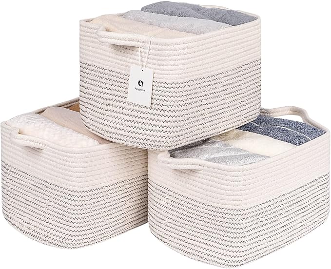 Medium and Large Woven Basket//With Handle, Used for Toys and Fabric Storage Basket used for Storing xl Storage Box, Decorative Storage Box Room 2pack (14L*10W*8.6H White/Black Line, 14Lx10Wx8.6H)