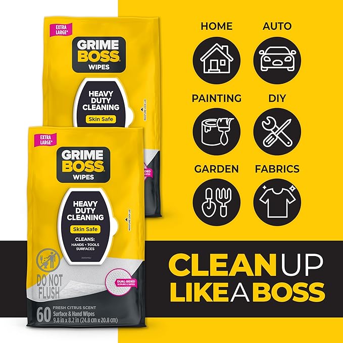 Grime Boss Heavy Duty Surface and Hand Wipes (2x60ct) | Wet Wipes Remove Paint, Oil, Grease, Adhesives, Mud, Dirt | Shop Wipes Replace Cleaners like Rags, Towels, Pumice, Soap