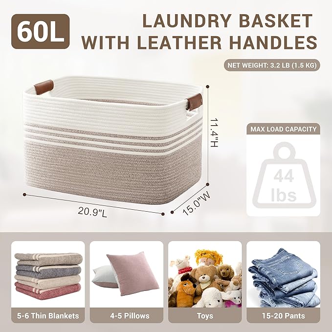 60L Large Laundry Basket with Leather Handles for Living Room Storage, Woven Rope Baskets Bin for Blanket, Kids Toy, Gifts, Wicker Hamper for Bedroom Dirty Clothes, 21"x15"x11" White Brown