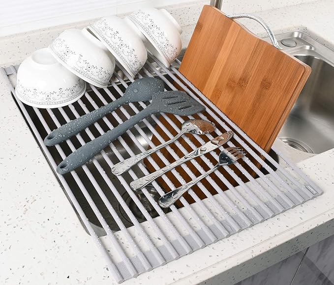 Surpahs Over Sink Foldable Multipurpose Roll-Up Dish Drying Rack, Silicone Wrapped Stainless Steel, Warm Gray, 20.5" x 13.1"