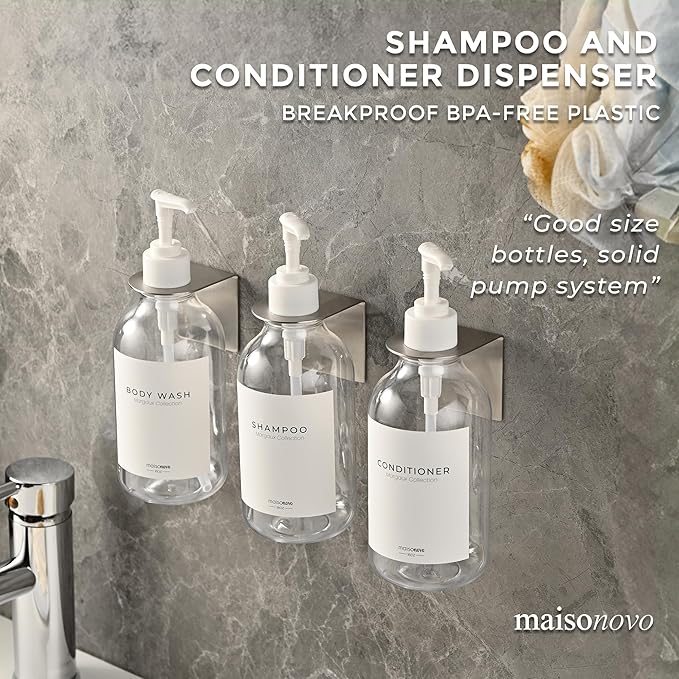 MaisoNovo Shampoo and Conditioner Dispenser - Shower Soap Dispenser Wall Mounted - 16.9 fl oz Set of 3 Clear Plastic Bottles White Pump - Shampoo Dispenser, Shower Dispenser 3 Chamber No Drill