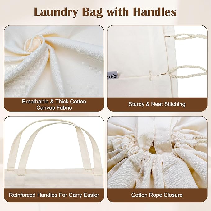 Canvas Laundry Bag with Handles & Drawstring 23.6"x35", Dirty Clothes Travel Bag, Heavy Duty Washable Cotton Laundry Sack for Travel, Camp, College (2 Pack)