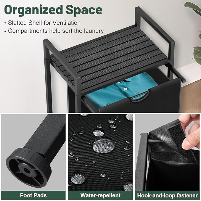 Laundry Sorter with Removable Bag, 16 Gallons Laundry Hamper with Adjustable Feet, Laundry Basket for Laundry Room, Bathroom and Bedroom(Charcoal Black)
