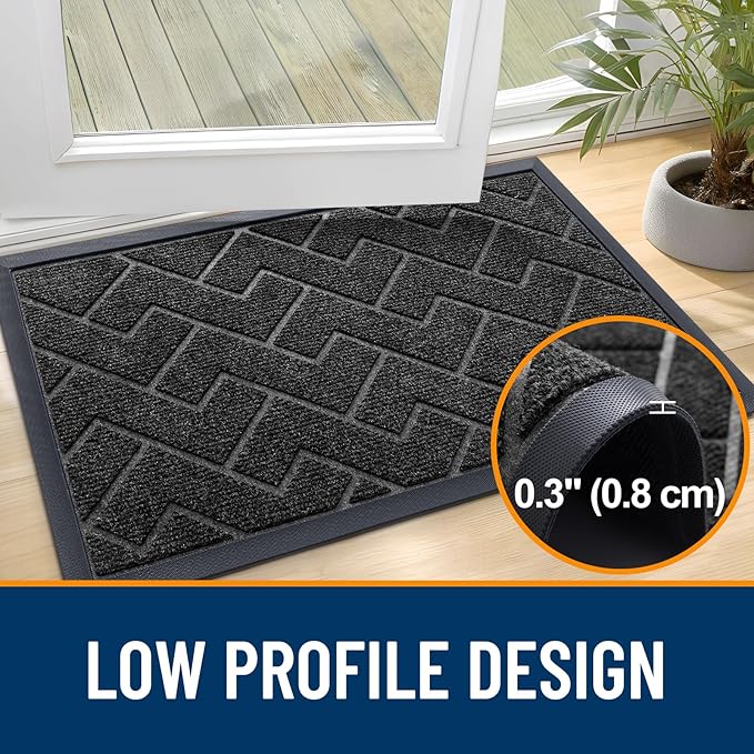 OLANLY Front Door Mat Indoor Outdoor Entrance, Waterproof All-Season, All-Weather Doormat, Sturdy Natural Rubber, Low Profile, Easy Clean Patio Porch Entryway Mat, Herringbone Brick (Black, 29.5x17)
