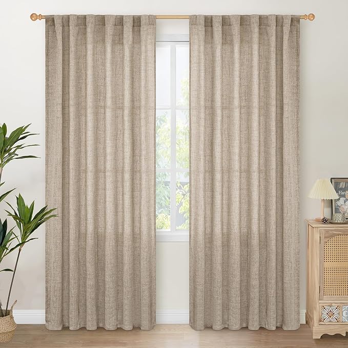 YoungsTex Dark Oatmeal Linen Semi Sheer Curtains 80 Inch Length for Living Room, Light Filtering Window Treatments Drapes with Rod Pocket Back Tab for Bedroom, 2 Panels, 52 X 80 Inch