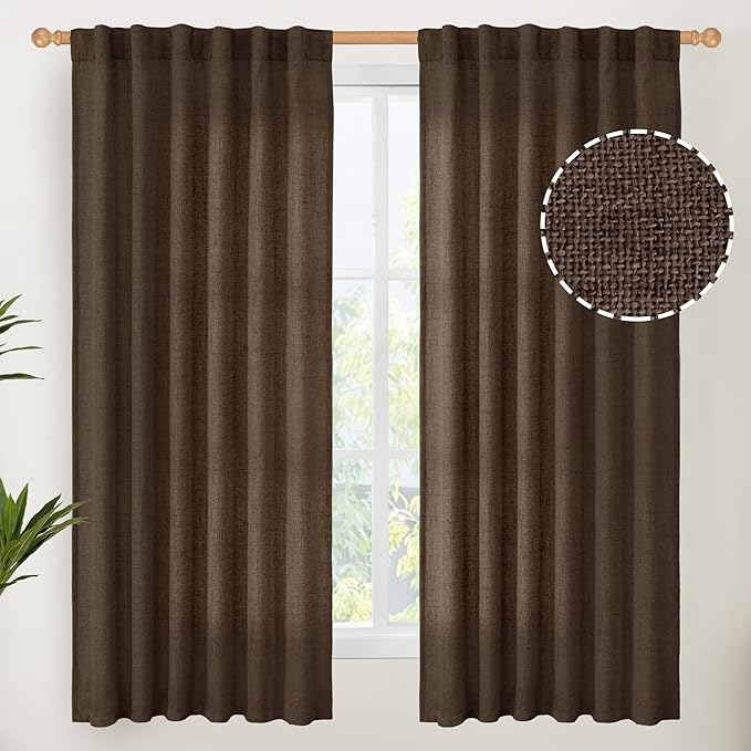 YoungsTex Brown Linen Curtains for Living Room 63 Inches Long, Chocolate Semi Sheer Drapes Textured Light Filtering Window Treatments with Rod Pocket Back Tab for Bedroom, 2 Panels, 52 X 63 Inch