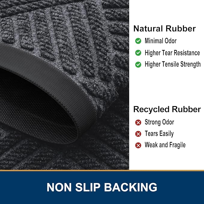 Smiry Front Door Mat Outside Entrance, Heavy Duty Outdoor Indoor Natural Rubber Doormat, Non Slip, Trap Dirt and Moisture, Easy Clean, Low Profile Patio Porch Entryway Mat, 29.5x17, Dark Grey