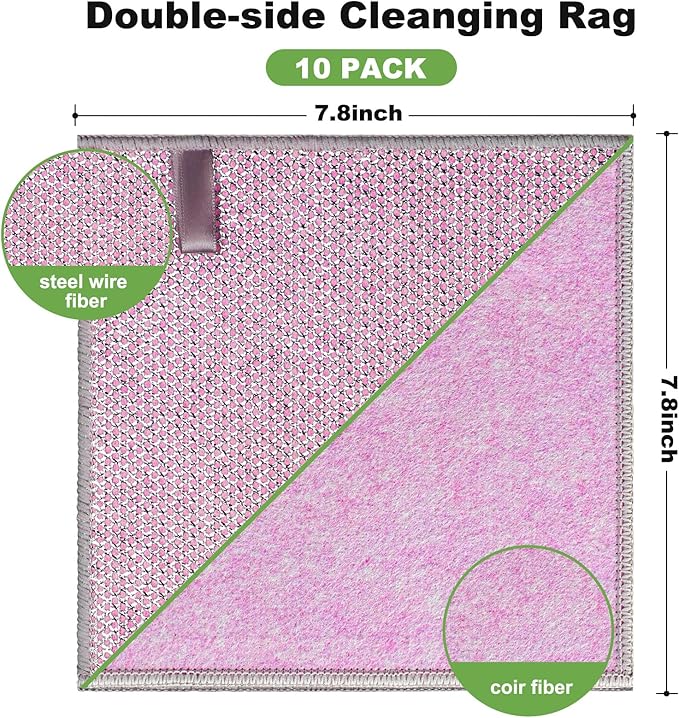 10pcs Non Scratch Wire Dishcloth Multipurpose Wire Dishwashing Rag for Wet and Dry,Metal Scrubbers for Cleaning Dishes,Dual-Sided Kitchen Cleaning Cloths with Mesh,Cleaning Tool for Pot, Pink