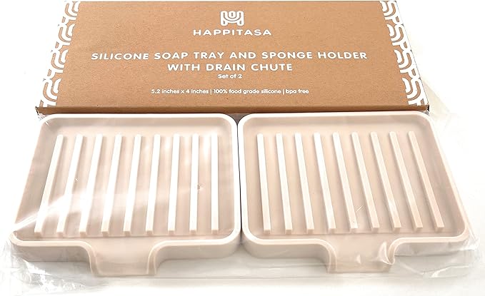 Happitasa Silicone Soap Dish Tray and Sponge Holder with Drain Chute, Pack of 2 | Bathroom and Kitchen Sink Organizer Caddy (Sand Dollar, 5.2"x4", 7.2 Ounces)