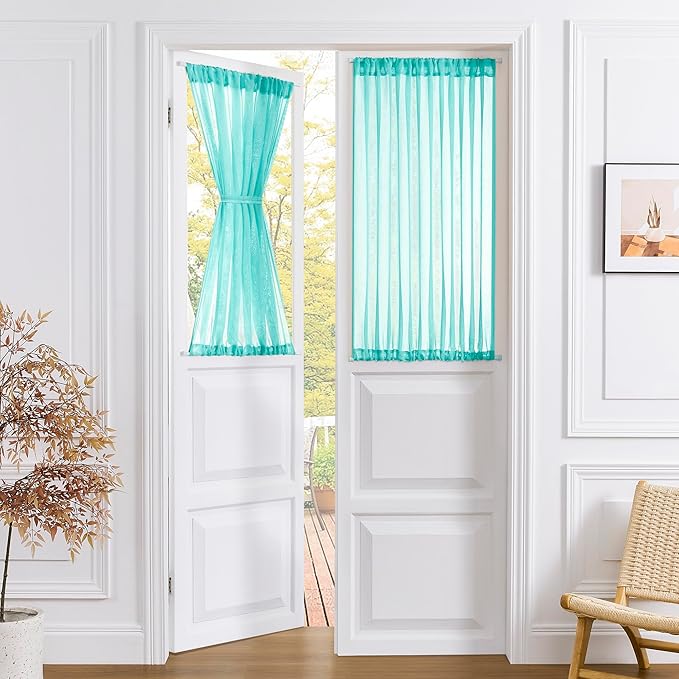 Tollpiz Short Sheer Door Curtain Closet Linen Textured Curtain Sheers Doorway Light Filtering Voile Patio Door Rod Pocket Curtains French Door, 54 x 54 inches Long, Aqua Blue, Set of 1 Panel
