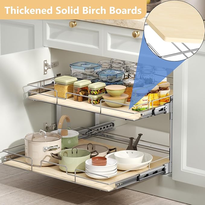 ROOMTEC 2 Tier Individual Pull Out Cabinet Organizer 19½"W x 21½"D, Slide Out Wood Shelves Organizers, Pull Out Drawers Organization and Storage for Kitchen Cabinet