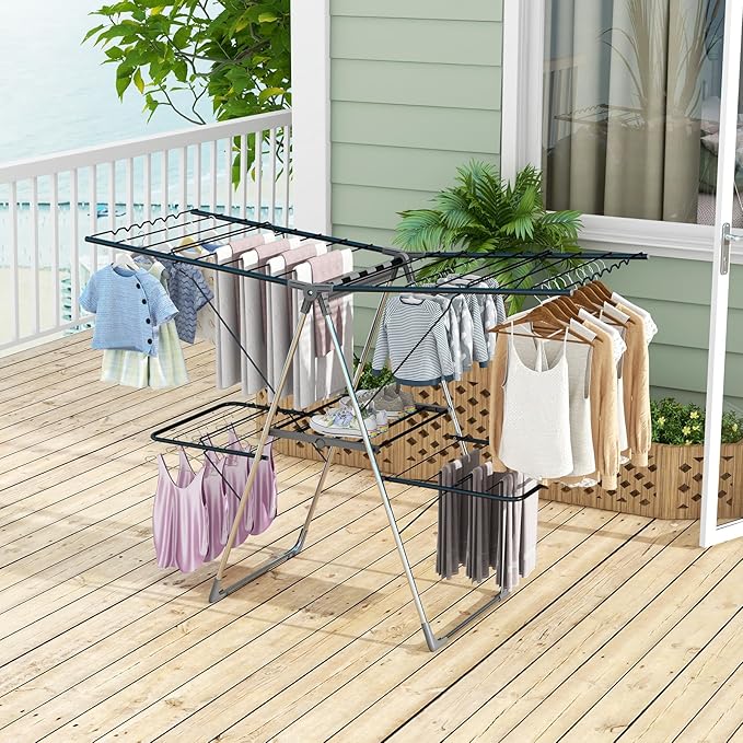 Giantex Clothes Drying Rack, Foldable Laundry Drying Rack with 33 Drying Rails, 3-Level Adjustable Height, Versatile Clips, Wave-Shaped Bars, Collapsible Freestanding Airer for Indoor Outdoor