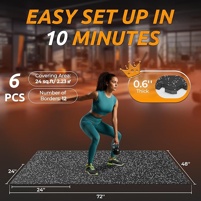 PRAISUN 0.6" Thicker Gym Mat, 6 Tiles 24 Sq Ft Workout Mats, Interlocking Foam Tiles with Rubber Top, High Density EVA Foam, Exercise Mat, Gym Flooring for Home Gym, Garage, 24 x 24in, Black/Grey