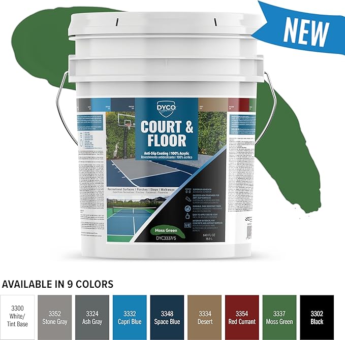 DYCO Court & Floor Anti-Slip Coating - Slip Resistant Pavement, Cement & Concrete Paint for Pickleball, Tennis & Basketball Courts, Exceeds ADA Standards for Safety Areas (Moss Green, 5 Gallons)
