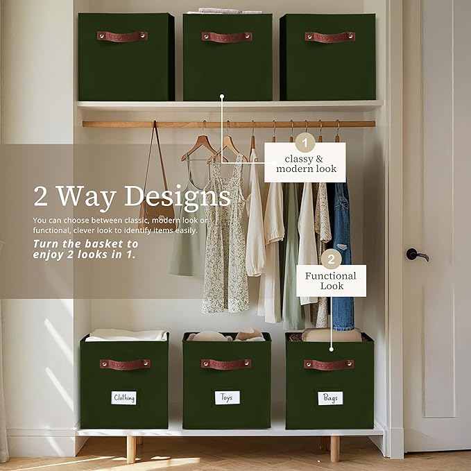 DECOMOMO Storage Bins, Cube Storage Bin with Labels, Fabric Storage Cubes for Shelves (10.5" x 11" / 6pcs, Olive Green)