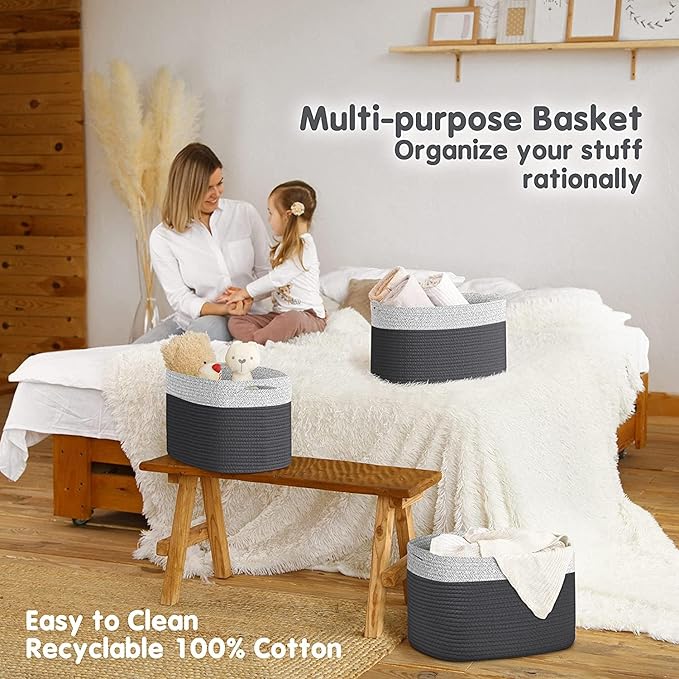CHAT BLANC Cotton Rope Baskets for Organizing I Storage Baskets for Shelves | Rope Basket for Storage, Small Laundry Baskets, Woven Baskets for Storage, Dog Toy Bin, Baby Basket, Gray & Graphite 3Pack