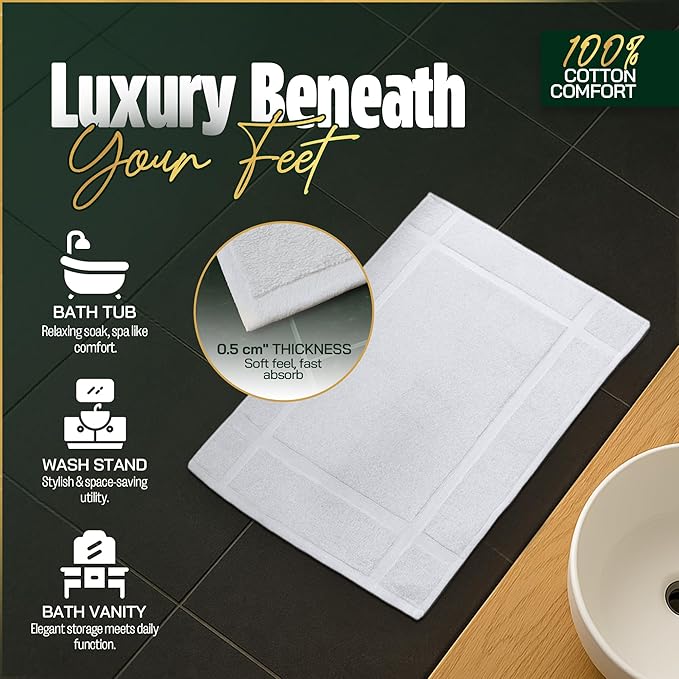 Pearl Linens Pack of 12 100% Cotton Bath Mat 20x30 inches, Soft & Absorbent Quick Dry Bathroom Mat Set, Not Bathroom Rugs, After Shower Mat, Bath Tub Mat, 687 GSM, Machine Washable, White